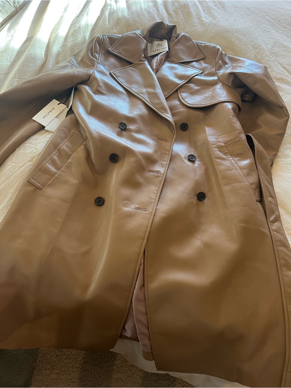 Babaton aritzia Women’s Taupe Faux Leather Double-Breasted Trench Coat
